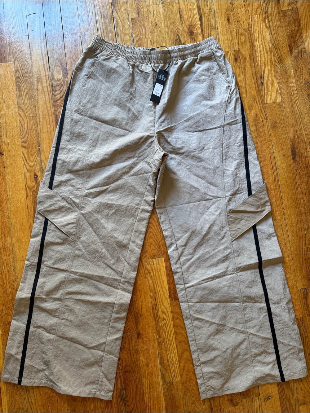 Fashion Nova Beige Track Pants with Black Side Stripes